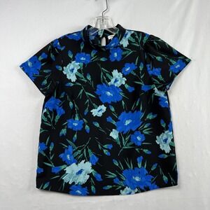 J Crew Top Floral Blouse Womens Small Short Sleeve Black Blue Packable Career